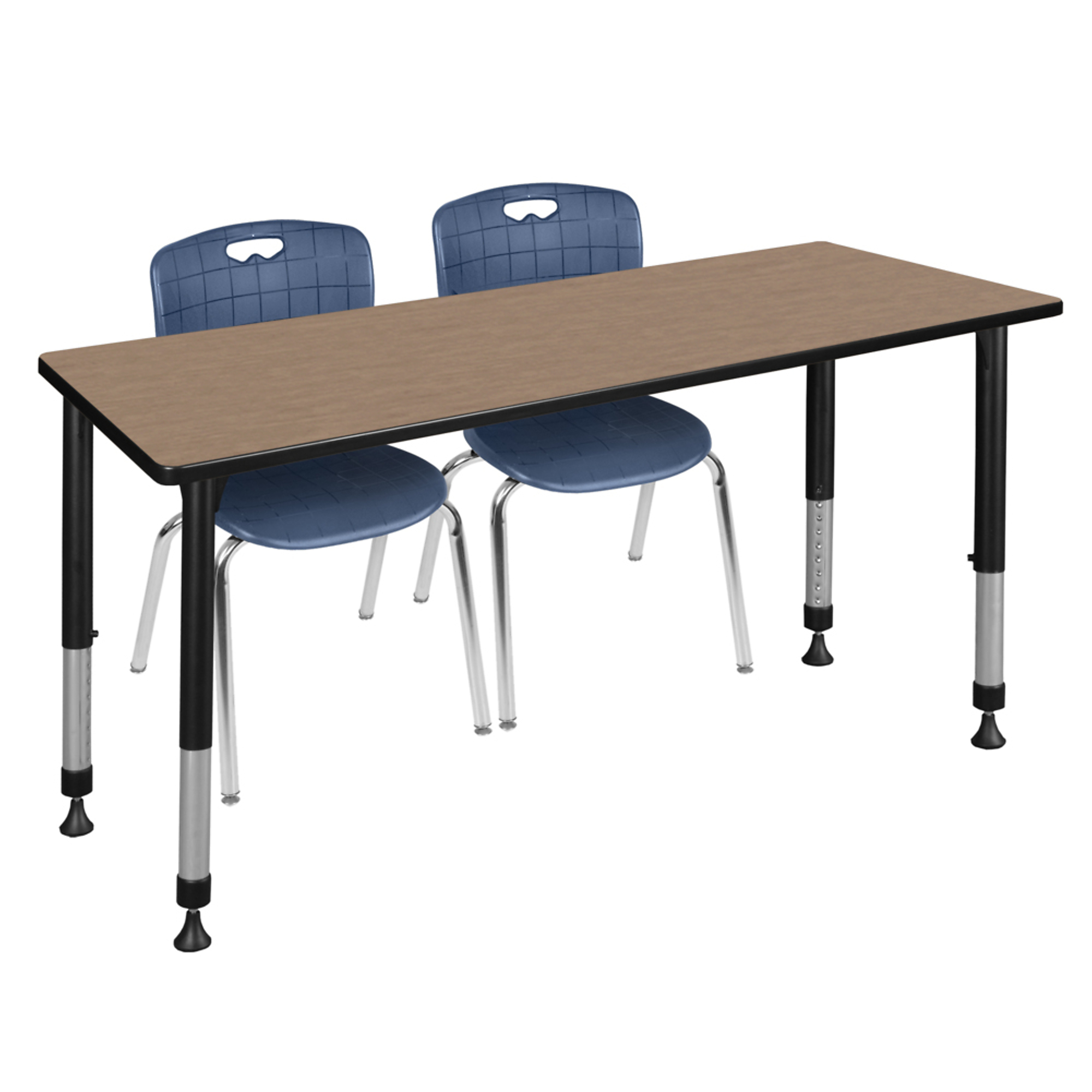 Regency Kee Adjustable Classroom Table with 2 Andy Stack Chairs — 66in. x 30in., Noble Oak Top, Black Base, Blue Chairs, Model# MT6630NOAPBK40NV